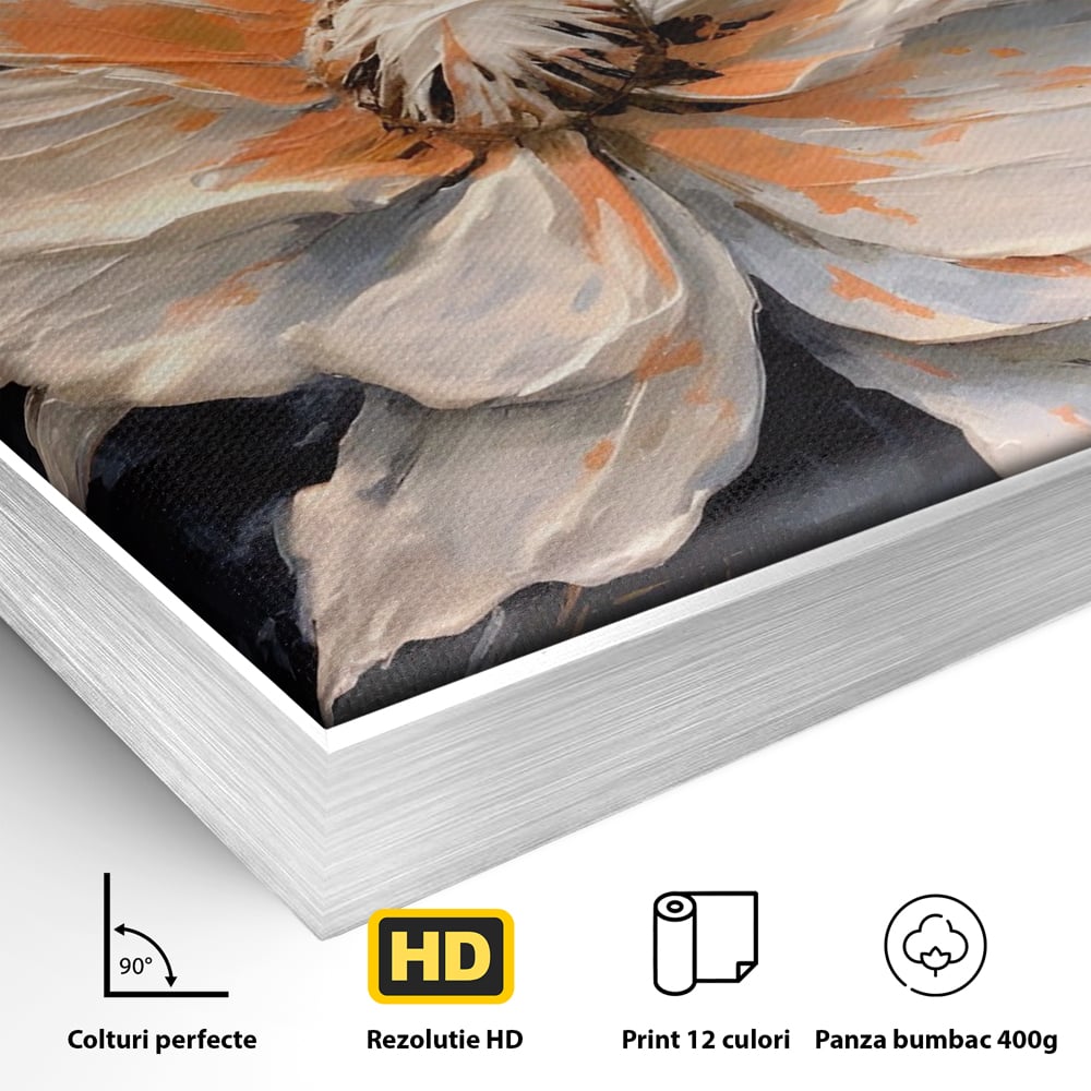 Detaliu al suprafetei: tablou canvas cu floare texturata, in rama de aluminiu argintiu